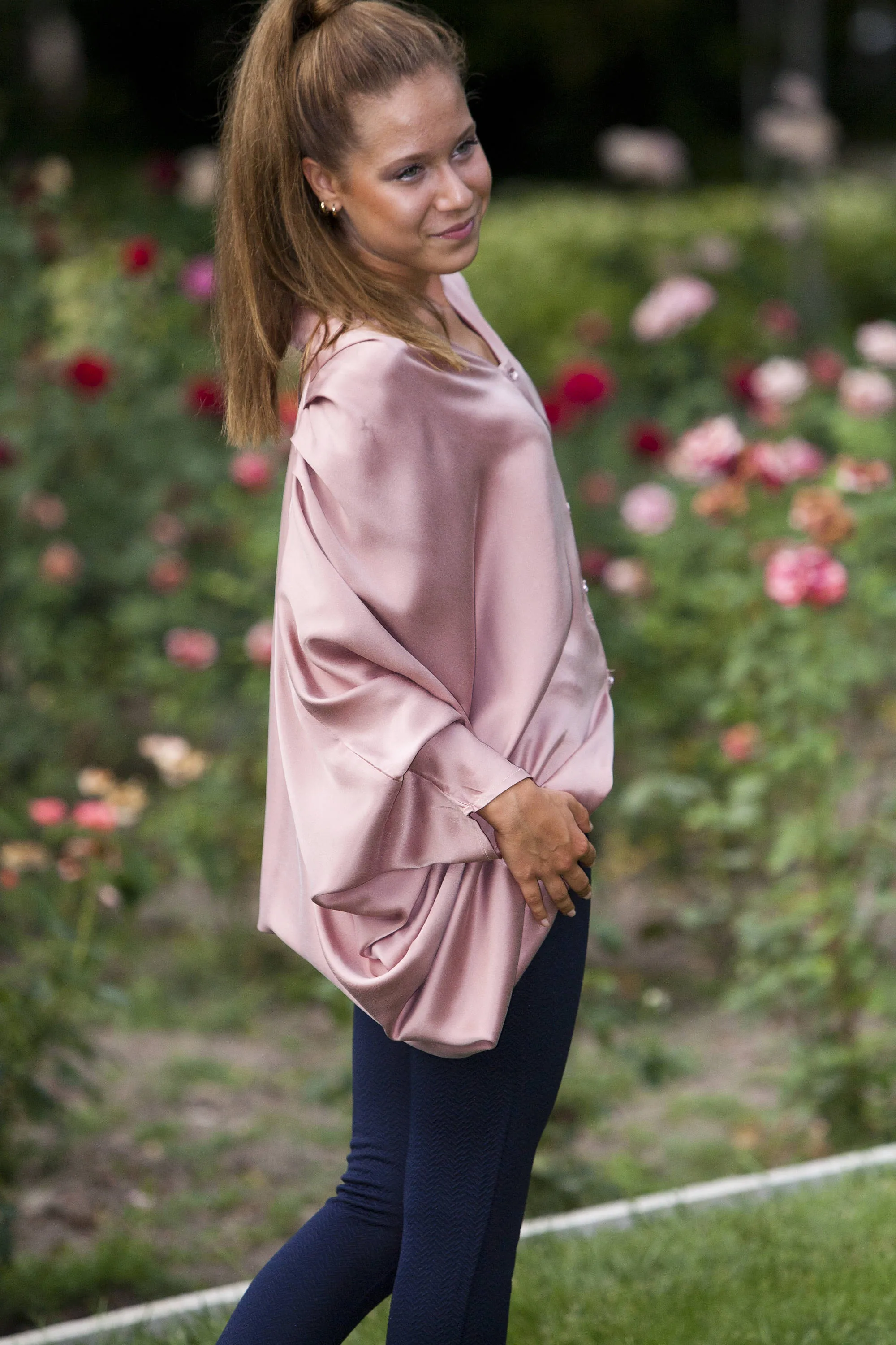 Dusty pink draped silk batwing top