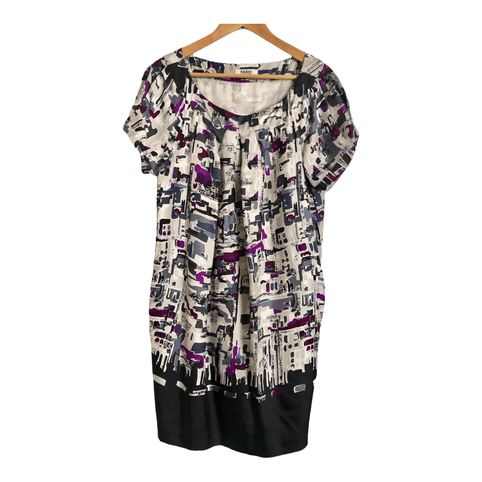 Farhi by Nicole Farhi 100% Silk Short Sleeve Shift Dress Blue Grey / Multicoloured Block Print Size UK12