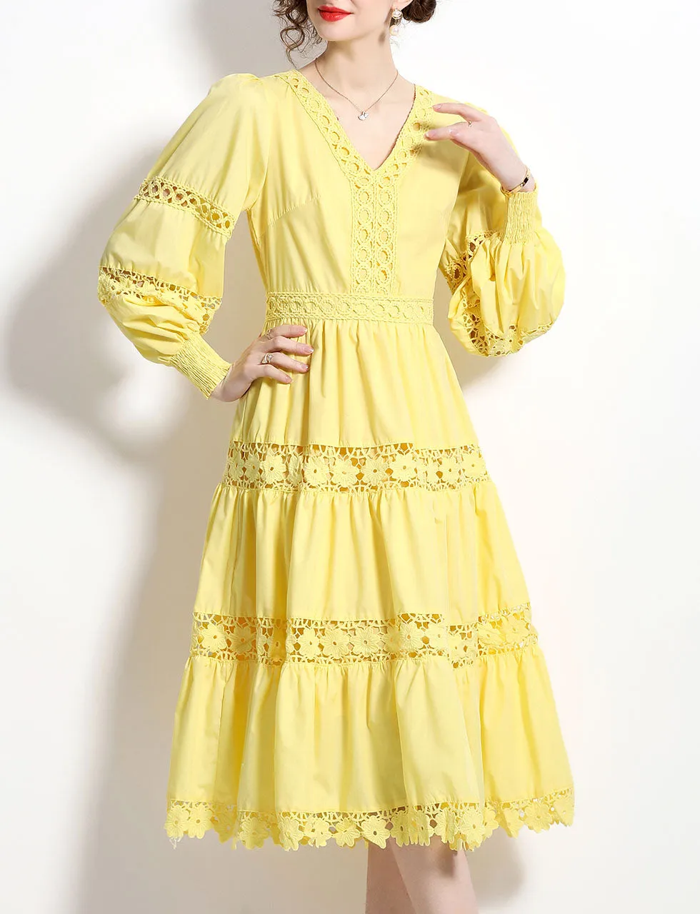 Yellow V Neck Lace Bohemia Holiday Dress For Women